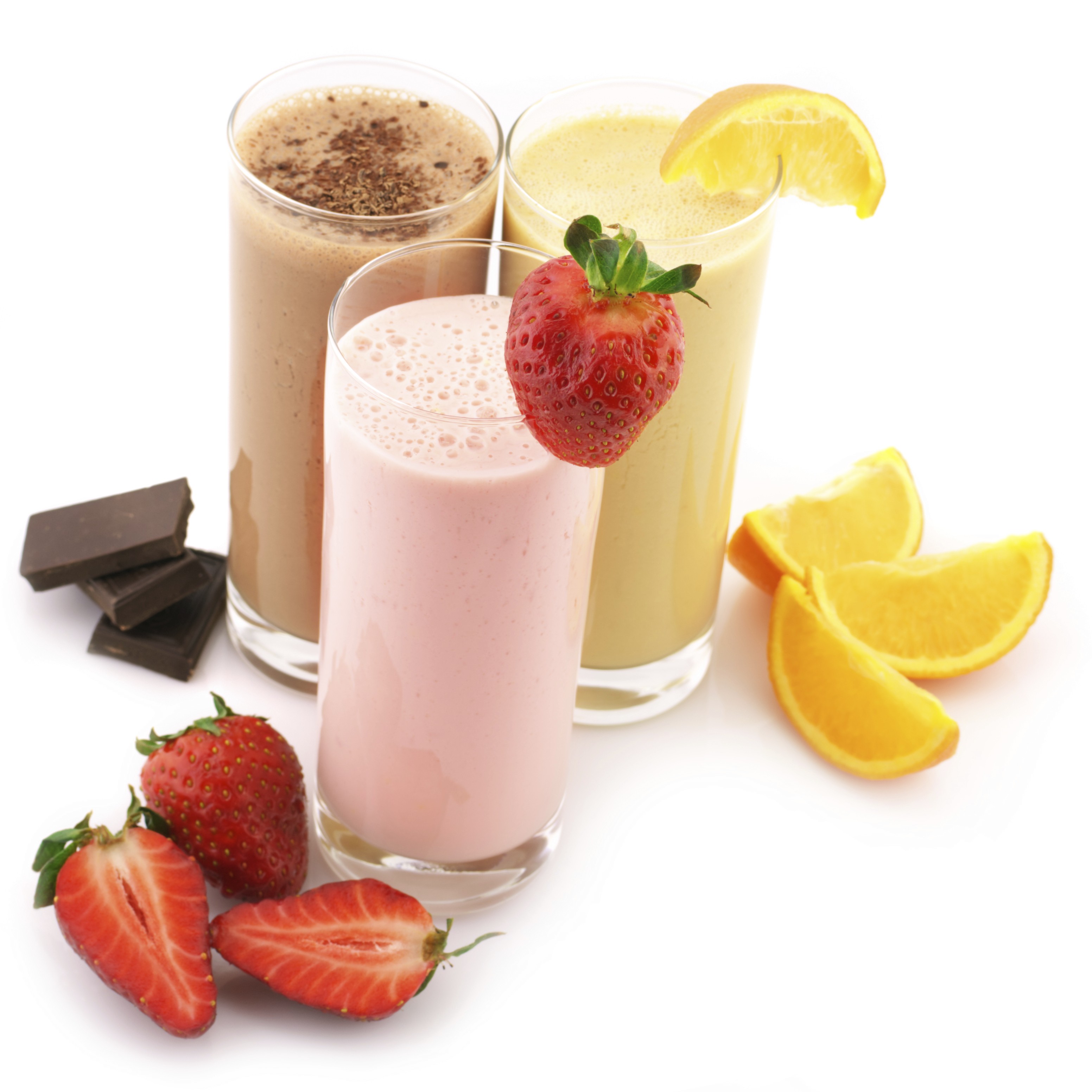 Chocolate orange and strawberries smoothies in glasses